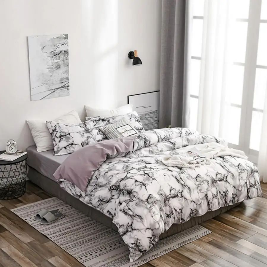 Nordic 3Pcs/Set Marbled Print Polyester Quilt Cover Pillowcase Bedding US-EU-Super King Size Nordic Double Bed Covers
