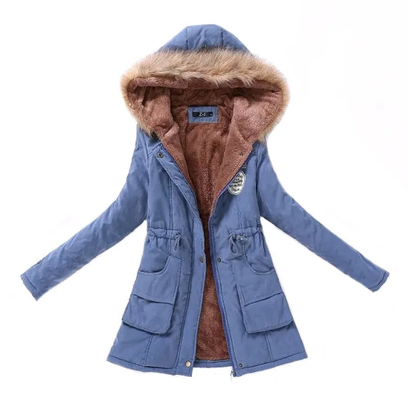 Denim Blue Женская парка осенне-зимние теплые пальто с меховым воротником длинный плюс размер пальто Femme Hiver одежда Туника пуховик ropa mujer YL066 - Цвет: Denim Blue