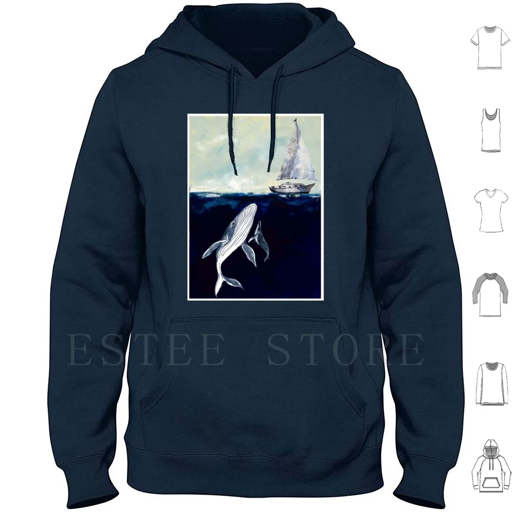 Felpe Con Cappuccio Balena Barca Oceano Mare Balena Animali Animali Blu Natura Balene Gobba Grigio Beluga Acquerello Bambini