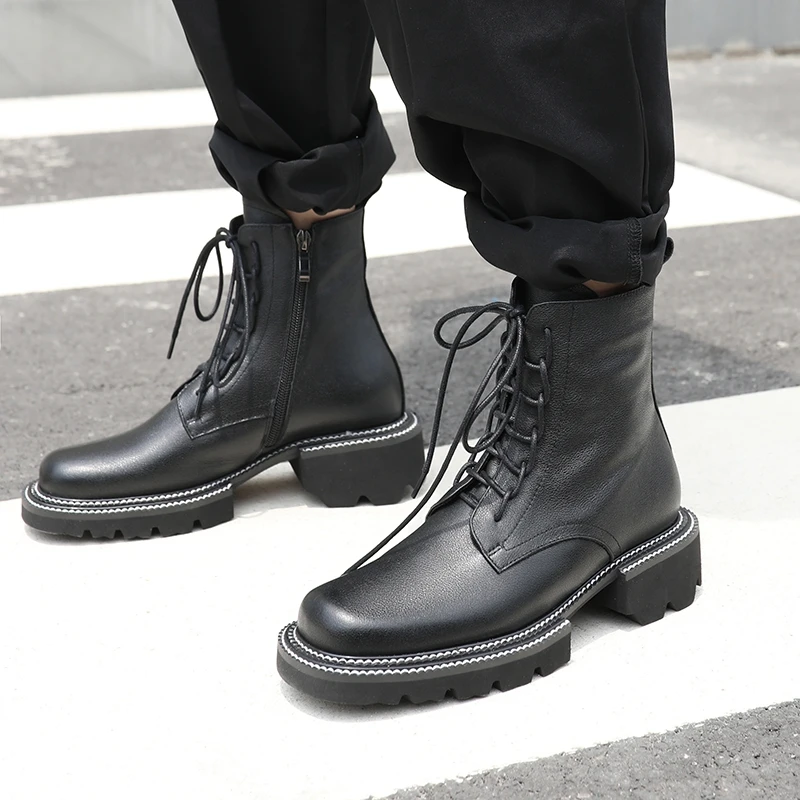 

Platform Autumn Winter Quality Genuine Leather Punk Women Ankle Boots Lace Up High Heels Women Short Boots Party Shoes Woman