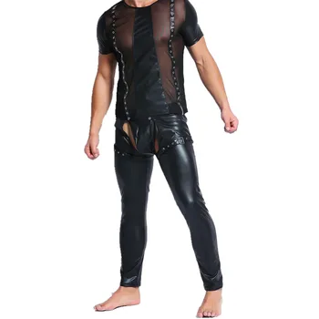 

YUFEIDA Mens Clothes Set Mesh Mens Undershirts PU Leather T Shirts Long Pants Fitness Tops Men Underwear Stage Dance Clubwear