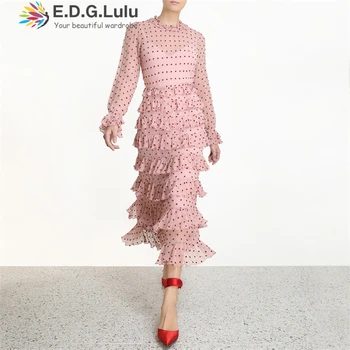 

EDGLuLu Elegant Pink Polka Dot Women Dress Female Casual Flare Sleeve Office Long Cascading Ruffle Silk Dress Vestidos 0915