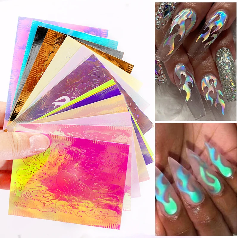 

16pcs 3D Flame Nail Sticker Holographic Fire Leaf Nail Art Transfer Decals Self-Adhesive Thin Laser Stripe Decoration Stickers