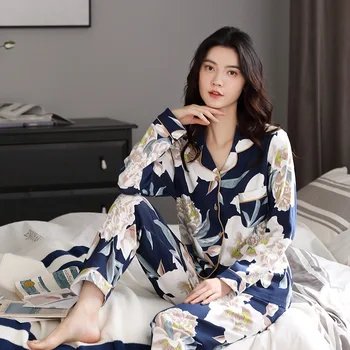 

Flower Printed Cotton Mommy Pajama Long Sleeve Cardigan Pocket Trousers 2-Piece Set Large Size Homewear Pijamas Para Mujer