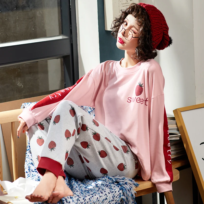 Autumn 100%Cotton Women Pajamas Set Long Sleeve Sweet Thin Casual Soft Female Sleepwear Big Size Girls Homewear Nightwear Suit