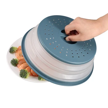 

2 in 1 Kitchen Tools Microwave Splash-proof Cover Collapsible Food Cover Hollow-out Drain Basket with Handle