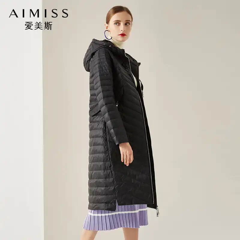 AIMISS пуховик черного цвета с капюшоном и молниями, Свободный Повседневный Зимний пуховик, длинная верхняя одежда, комплект одежды