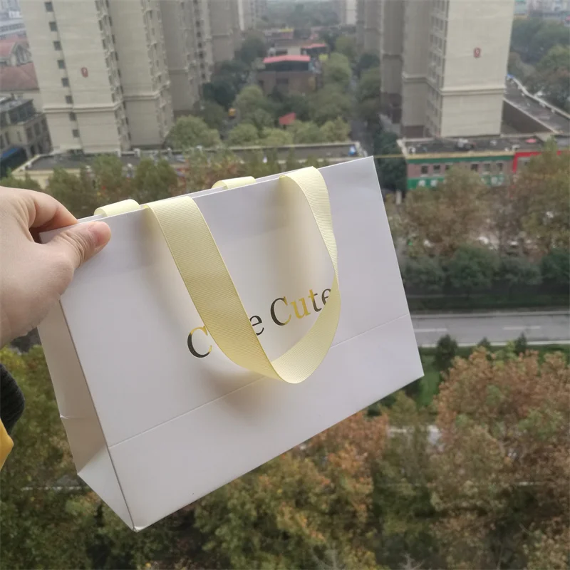 

500pcs Small Jewelry Custom Tote Paper Bag with Customized Logo Ribbon Handle for Present Packing and Party Personalized Logo