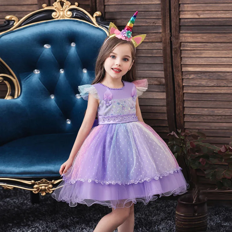 2020 Toddller Kids Unicorn Dresses for Baby Girls Dress Pink Rainbow Birthday Party Princess Dress Purple Costume Pageant Outfit (14)