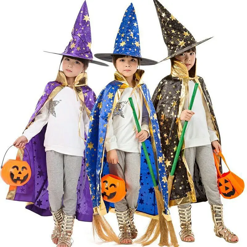 

Children Halloween Costumes Wizard Witch Cloak Cape Robe with Pointy Hat Girls Boys Cosplay Props Kids Birthday Party Supplies