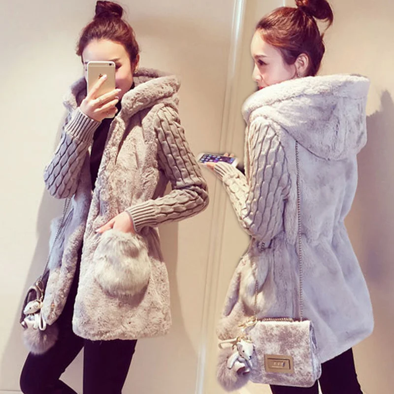 discount  Spring Autumn Jacket Women Hooded Coat Furry Faux Fur Knit Sweater Coat Big Pocketswomen Coats And 