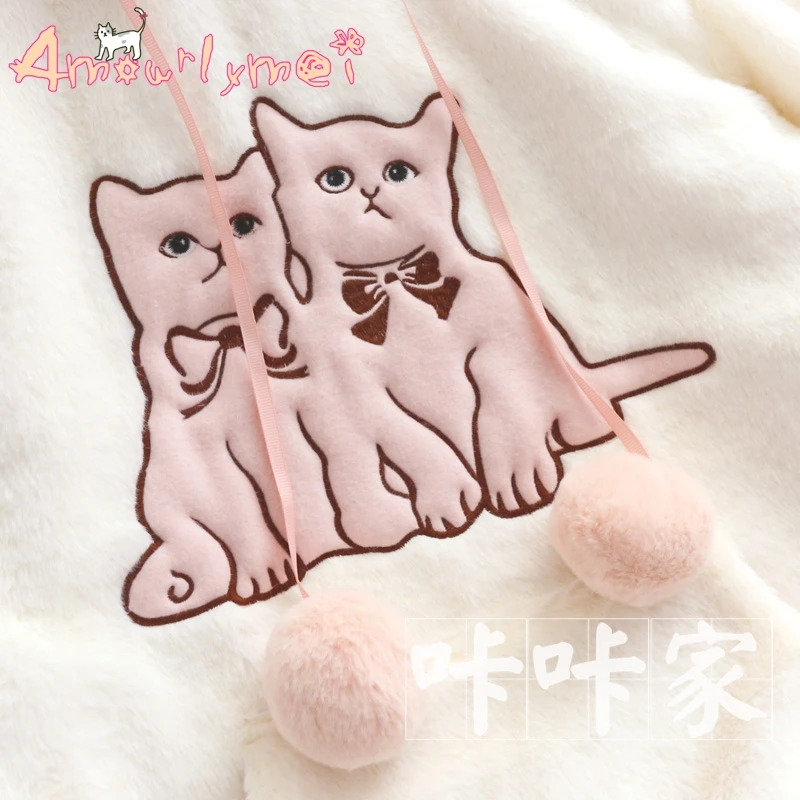 Японский Стиль Мори девушка Лолита Kawaii мультфильм вышивка кошка с капюшоном длинным рукавом плюс бархат теплые милые повседневные толстовки пальто
