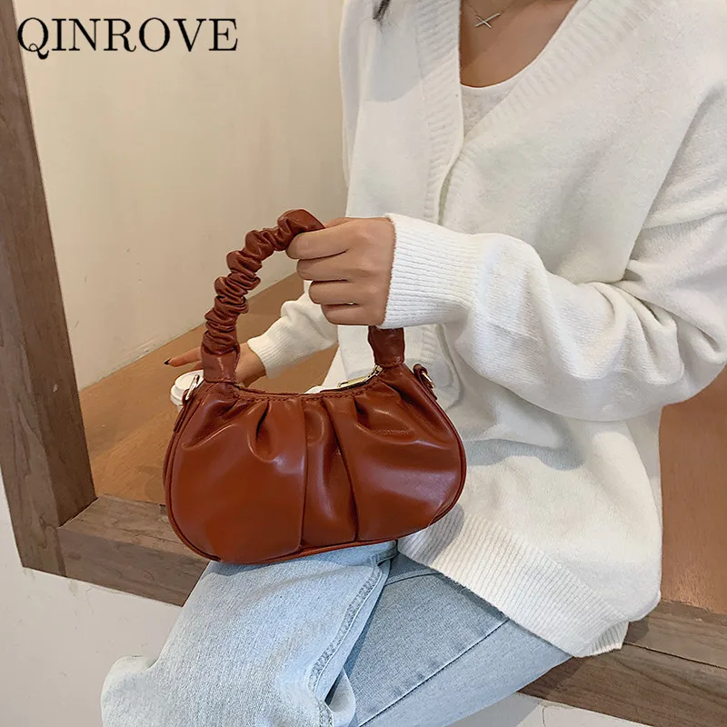 

Solid Color Women Handbags shoulder bag PU Leather Pleated Small female elegant totes casual with chains clutch bag white khaki