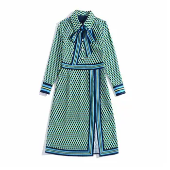 

Europe and the United States women's clothing Spring 2020 new styles Bow - tied long sleeves Geometric print fashion slit dress