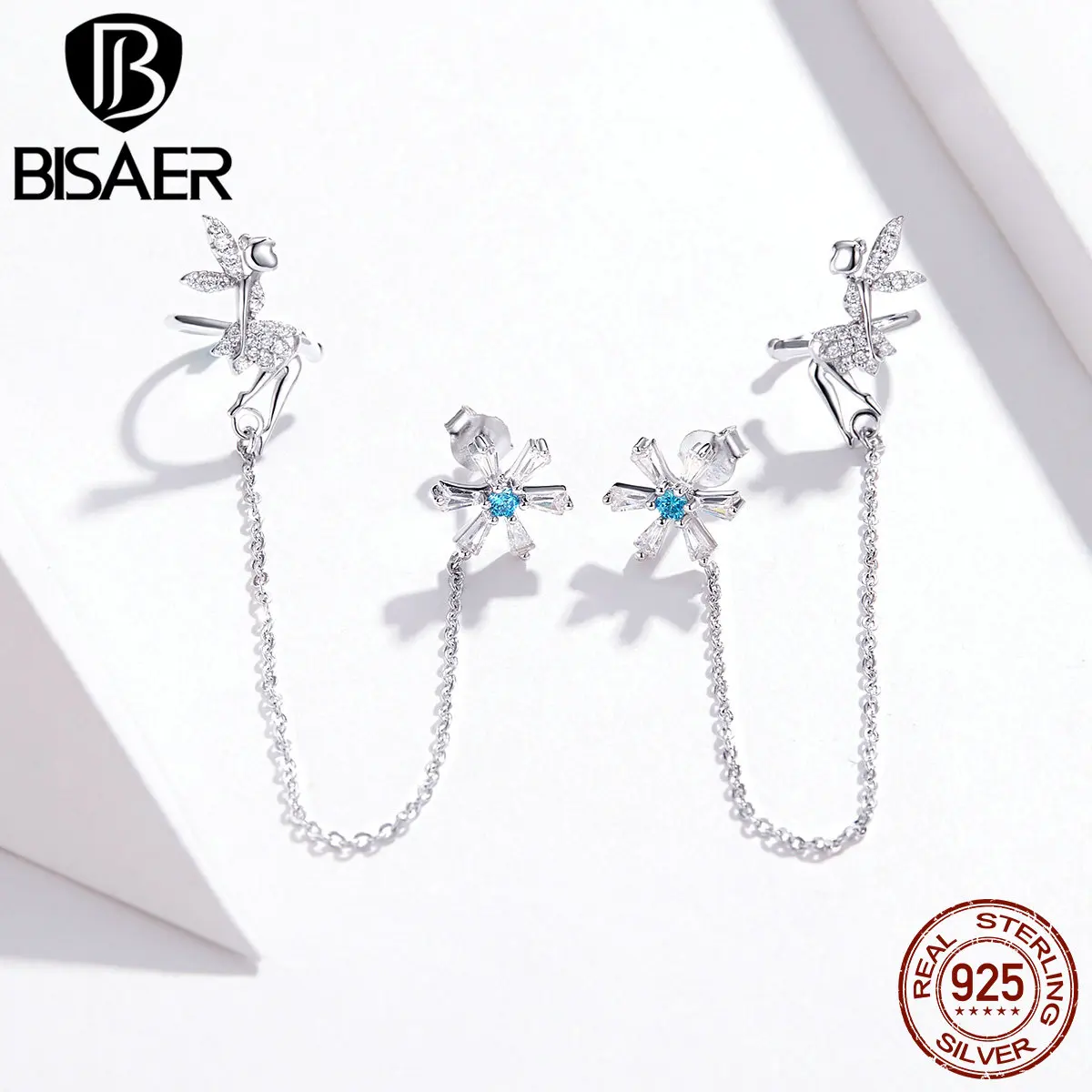 Клипса bisaer и серьги-гвоздики, феи, 925 пробы, серебро, длинная цепочка, клипсы и серьги-гвоздики для женщин, девушек, дизайнерские ювелирные изделия HVE201