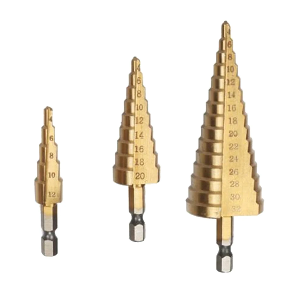 3Pcs Hex Shank HSS Titanium Coated Step Drill Bit Set 4-12/4-20/4-32mm