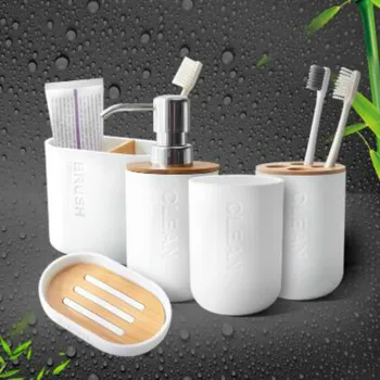 

5PCS Bamboo Bathroom Set Holder Toothbrush Glass Cup Soap Dispenser Soap Dish Bathroom Accessories MJ710