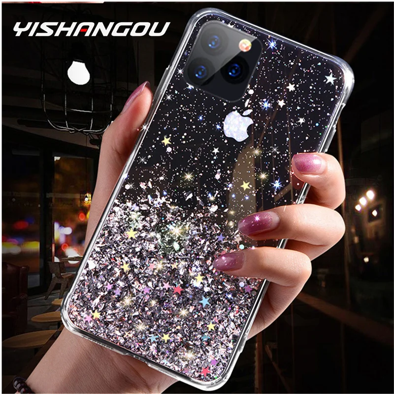 11 Pro 8 7 6 XS Max XR X Plus Phone Case Glitter Bling Sequins For
iPhone Cover Soft silicone Protective Star Transparent shell