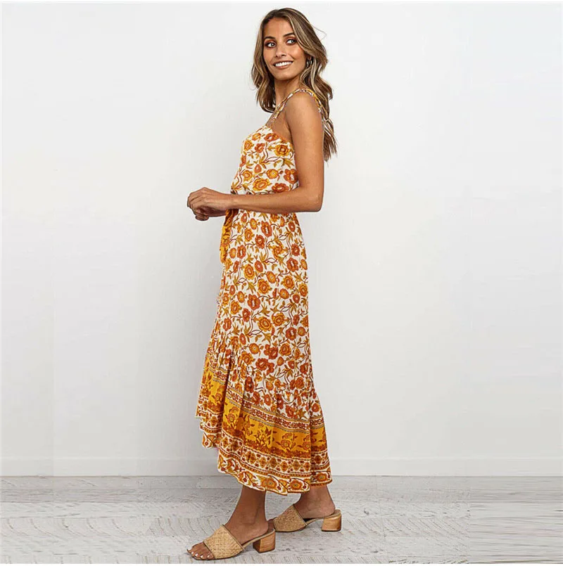 Boho пляжное летнее женское платье с цветочным принтом, без рукавов, с открытыми плечами, с оборками, платье с цветочным рисунком, элегантные вечерние платья для женщин