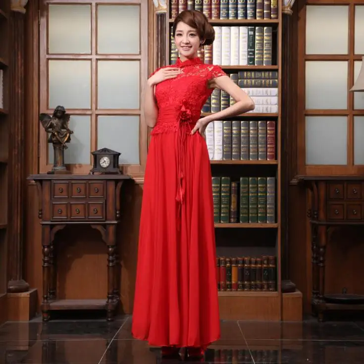 

free shipping 2014 new red married formal evening wear long dress adult women chinese style slim short design Evening Dresses