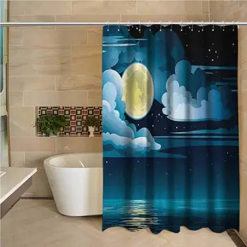 

Night 3D Printed Shower Curtain Clouds Full Moon and Stars Over The Sea Romantic Fantasy Graphic Print Hotel Quality Machine