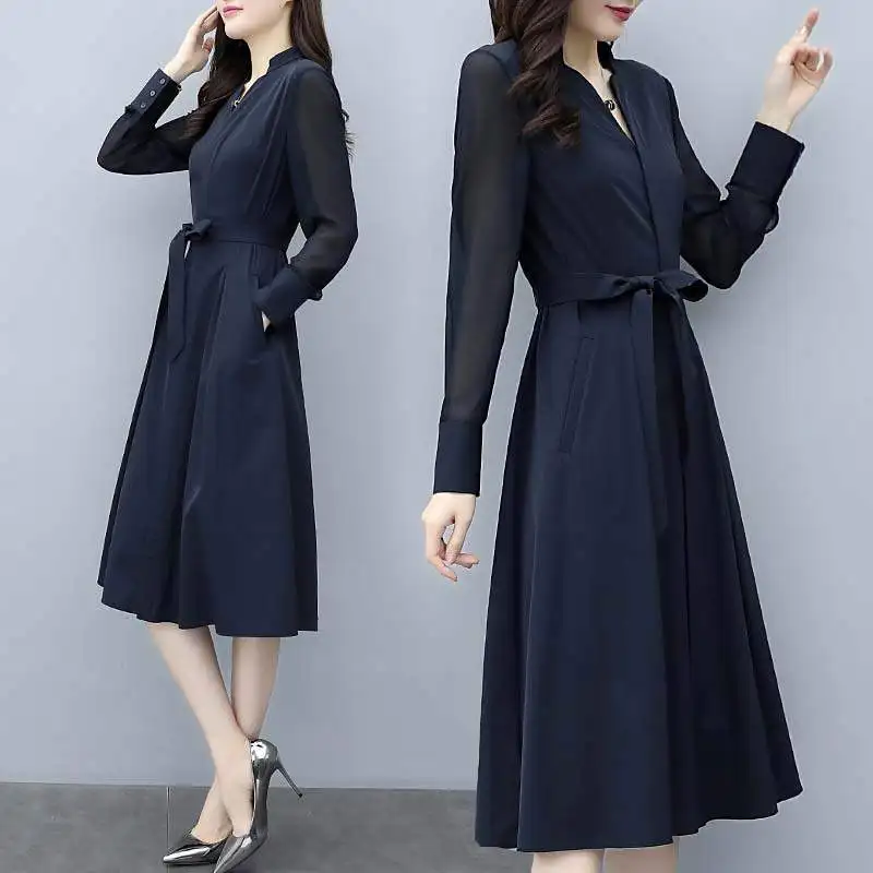 

Spring and summer new style V-neck waist slimming chiffon dress Temperament elegant long sleeve chiffon dress