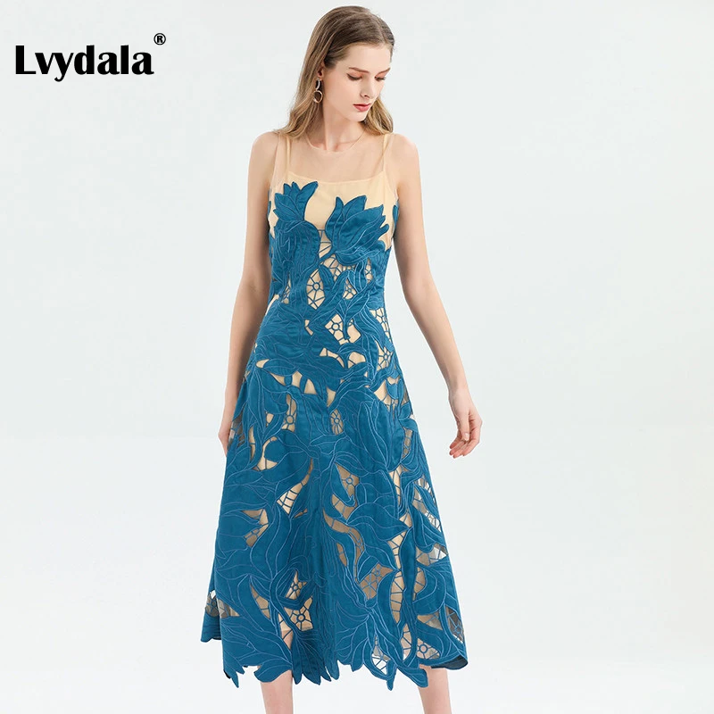 Lvydala, модное дизайнерское платье, весна-лето, женское платье, без рукавов, Сетчатое, с вышивкой, элегантные, миди платья