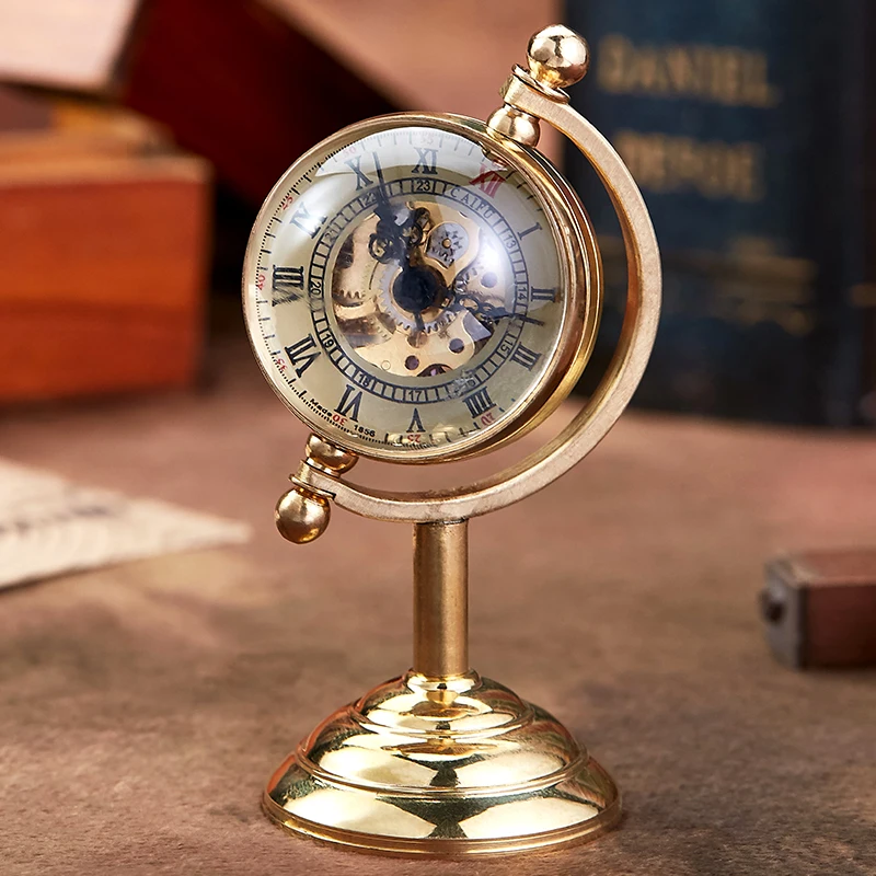 Fashion Luxury Mechanical Pocket Watch Unique Transparent Spinning Globe Hand Winding Watches Gold Desk Decoration Clock reloj