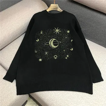 

Luxury Designer Brand Knitted Sweater for Women Vintage O Neck Gold Star Embroidery Pattern Black Knitted Pullovers Sweater