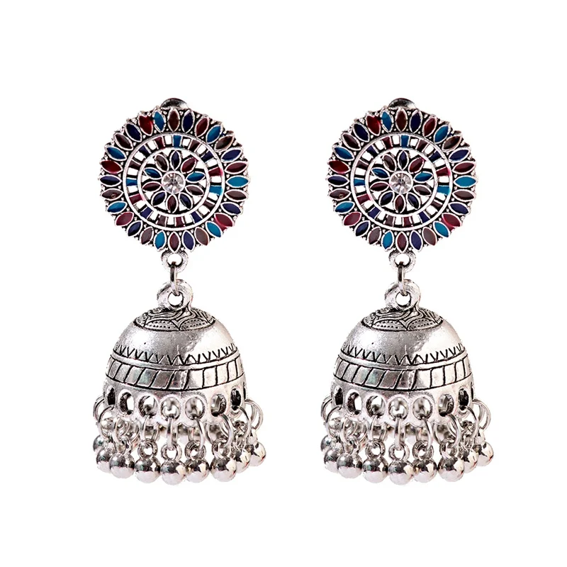 Этнические полые серьги в виде цветка, турецкие серьги Jhumka для женщин, винтажные индийские ювелирные изделия, серебряные висячие серьги-колокольчики с кисточкой - Окраска металла: Style 4