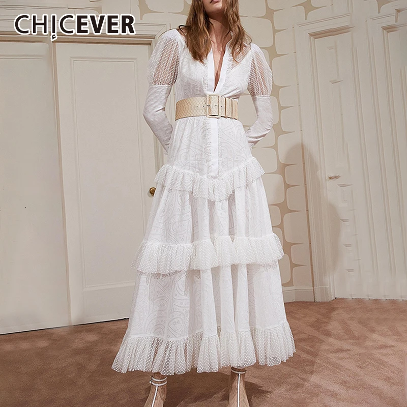 CHICEVER Wave Point Dress For Women Lapel Collar Long Sleeve Patchwork High Waist Sashes Dresses Female Autumn Fashion New 2020 | Женская