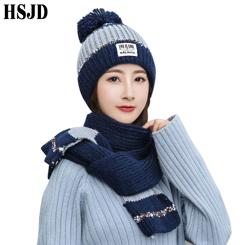 New Women Knitted Hat Scarf Set Brand Winter Cap Thickening Warm Knit Beanies Pompom Hats Female Two color Knit Bonnet Caps
