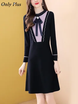 

Only Plus Vintage Knitted Sweater Dresses Women Slim A-Line Knitting Dresses Spring Bow Patchwork Solid Elegant Dress