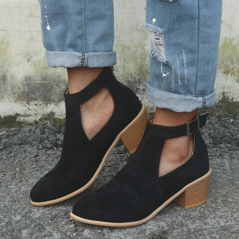 

Women Boots Summer Autumn Med Chunky Heel Pointy Toe Leather Short Ankle Pumps Boot Sandals Plus Size Female Shoes