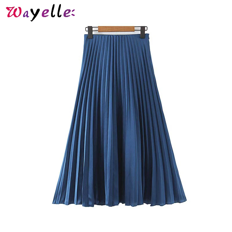 Женская плиссированная юбка с эластичной резинкой на талии, осенняя синяя классическая элегантная юбка, винтажные юбки до середины икры с