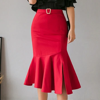 

Women Skirt High Waist Office Elegant Ruffle Solid Rose Red Sexy Plus Size 3XL Fashion Party Mermaid Bodycon Skirts Summer 2020