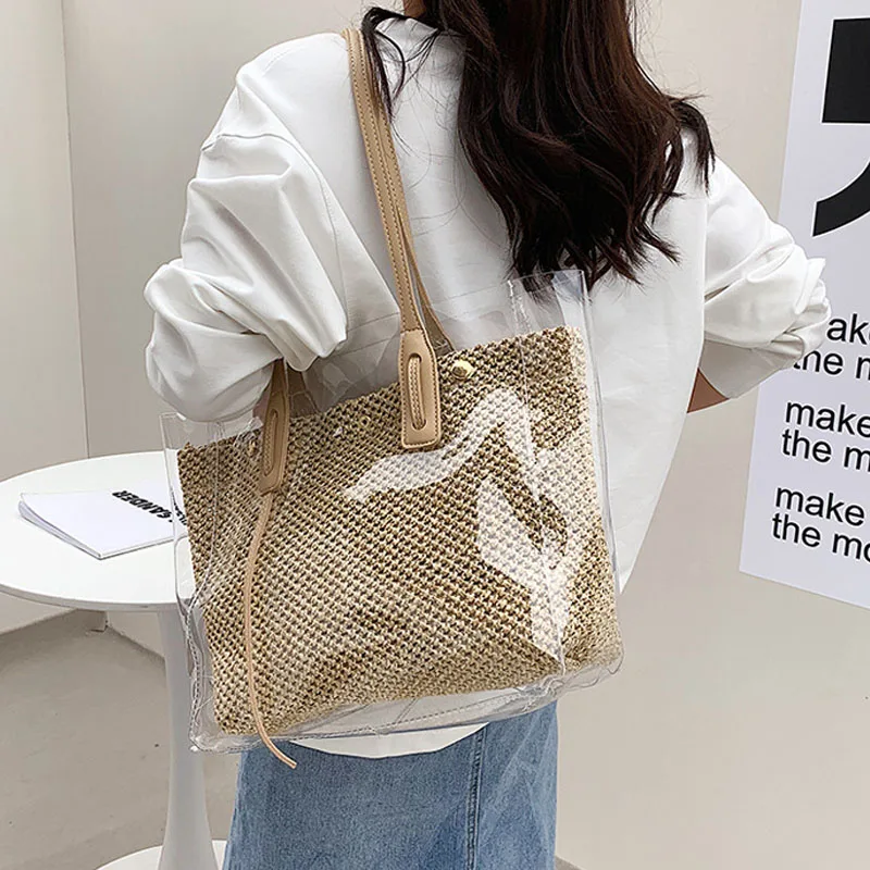 Fashion Straw Travel Bags with Leather Strap.