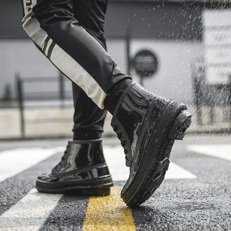 Men's Rainboots Spring Winter Rubber Shoes Men Platform Rain Boots Boy Waterproof Black Mens Ankle Boots Lace-Up Shoes