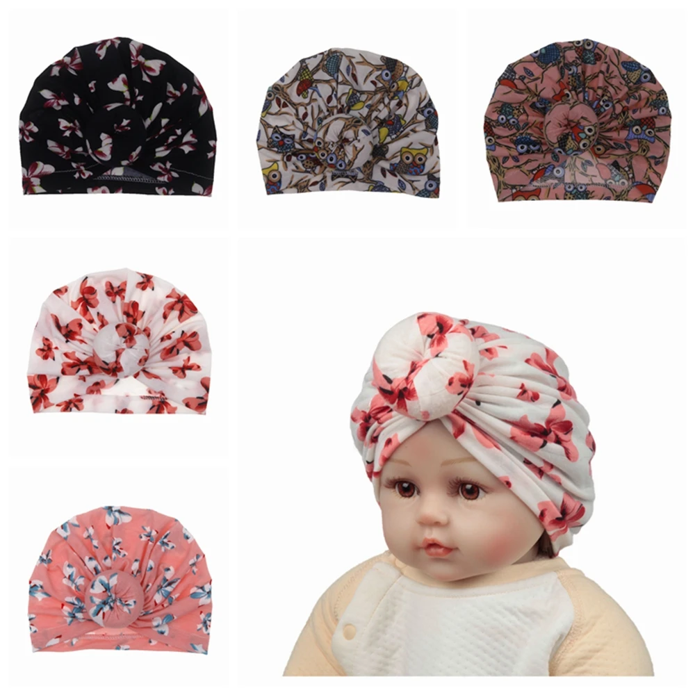 

2019 Fashion Newborn Pattern Kids Baby Boy Girl Turban Cotton Beanie Hat Winter Cap Flower Donut Hats Soft Caps
