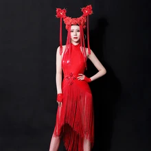 Сексуальный сценический костюм женский красный без рукавов Красный боди с бахромой юбка для ночного клуба Бар Dj Одежда для танцев на шесте праздничный наряд DN4734