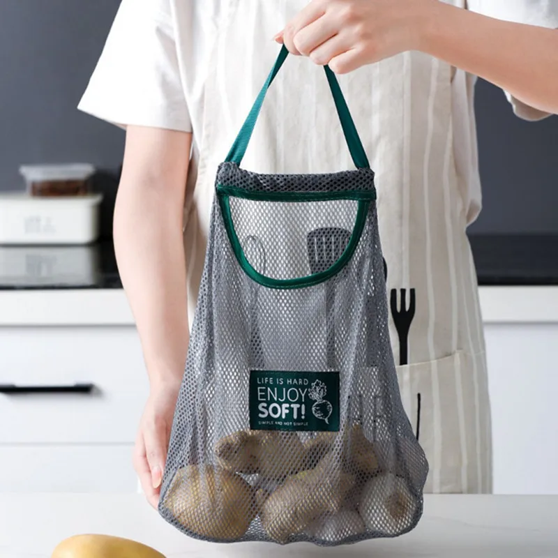1Pc Reusable Kitchen Fruit Vegetable Garlic Onion Hanging Storage Polyester Bag Breathable Mesh Bags Organizer Food