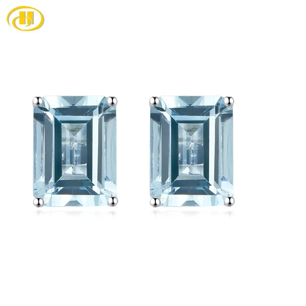 

Hutang 14K Solid White Gold Stud Earrings 3.07ct Natural Aquamarine Fine Elegant Blue Gemstone Jewelry for Women's Gift New