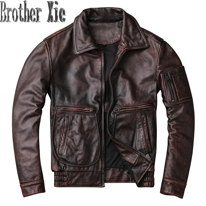 

Genuine Leather Jacket Men Cow Leather Coat Vintage Motorcycle Jacket brown real cowhide veste cuir homme KJ4115