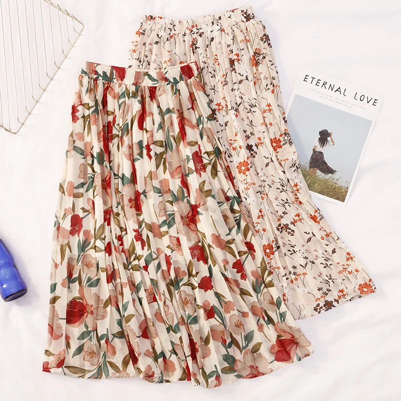 

2019 Women Chiffon Print Skirt Pleated Streetwear High Street 4 Colors A-line Skirts