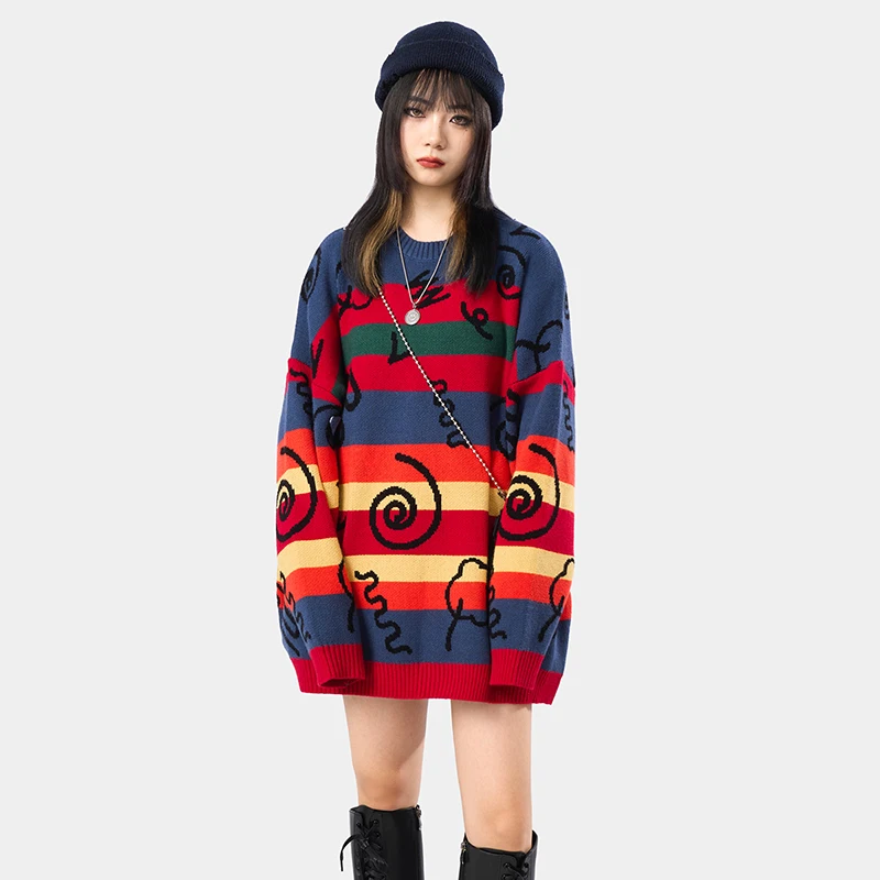 Hip Hop Rainbow Striped Sweaters Harajuku Hand Painted Graffiti Pullover Sweater 2020 Multicolor Color Block Men | Мужская одежда