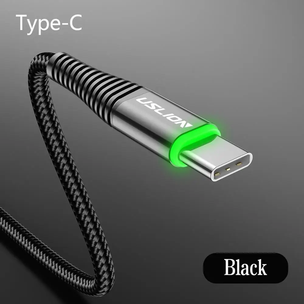 USLION 2 м светодиодный 3 А usb type C кабель Quick Charge 3,0 для samsung S10 телефонный зарядный провод USB C кабель для быстрой зарядки Xiaomi - Цвет: Black