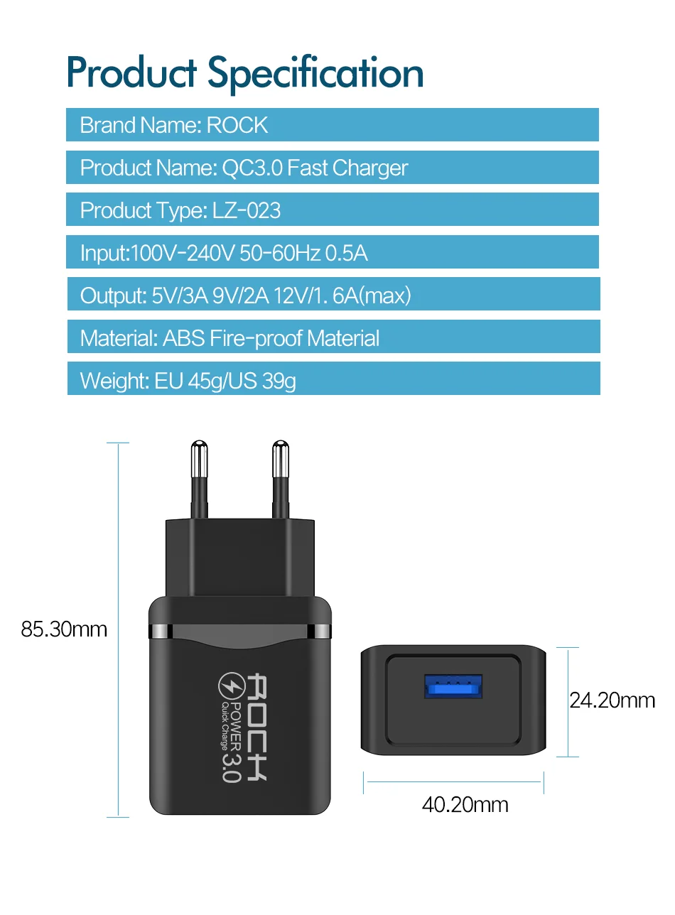 ROCK Quick Charge 3,0 18 Вт QC 3,0 4,0 быстрое зарядное устройство USB портативное зарядное устройство для мобильного телефона iPhone samsung Xiaomi huawei