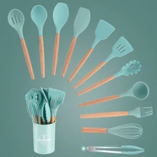 

Silicone Kitchen Cooking Utensil Set Non-Stick Utensils Heat Resistance Kitchen Tool Accessories With Wooden Handle Storage Box