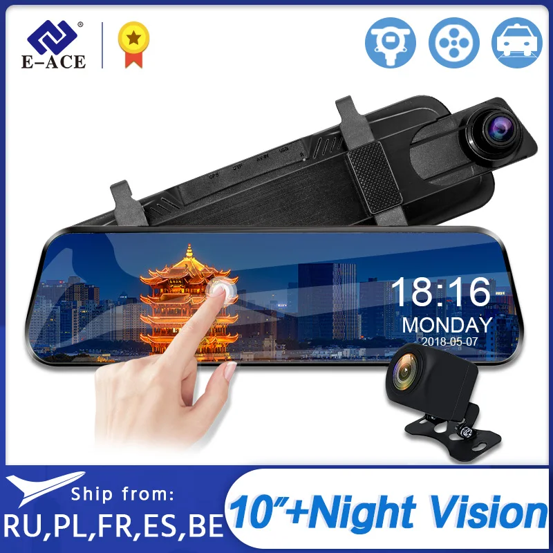 E-ACE Car Dvr Mirror 1080P FHD Rear View Dual Lens Dash Cam With Camera Night Vision Video Recorder Registrar | Автомобили и