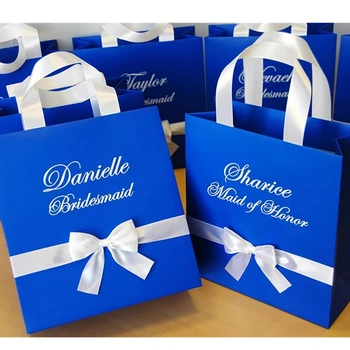 

Personalized white Bridesmaids gift bag with satin ribbon bow & custom name Bride Gifts Royal Blue Bridal Party favors Bag